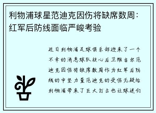 利物浦球星范迪克因伤将缺席数周:红军后防线面临严峻考验